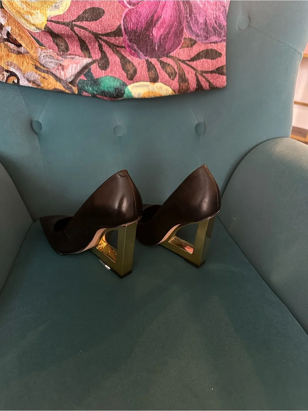 SCHUTZ Filipa Black Leather Pointed Pump with Gold Wedge Heel